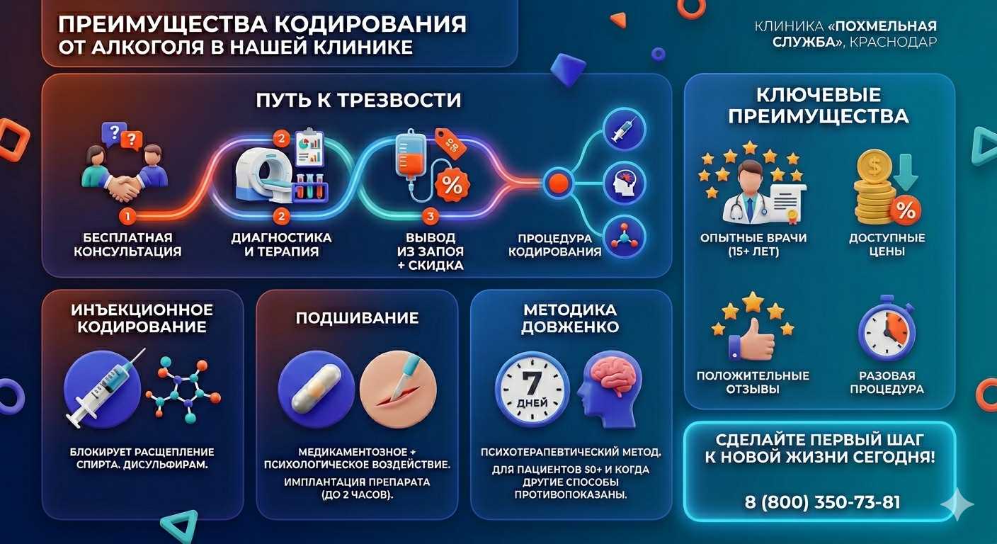 Инфографика о методах кодирования от алкоголя в Североморске: инъекции, подшивание, метод Довженко. Преимущества клиники и этапы лечения.