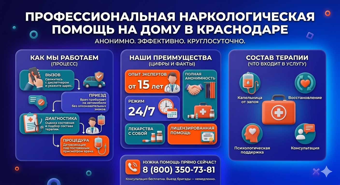 Инфографика о принципах лечения алкоголизма на дому в Североморске: этапы вызова нарколога, преимущества анонимной детоксикации и состав медицинской помощи.